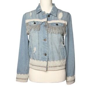 Y2K Rhinestone Fringe Denim Jacket Lace Trim Distressed Cropped Small